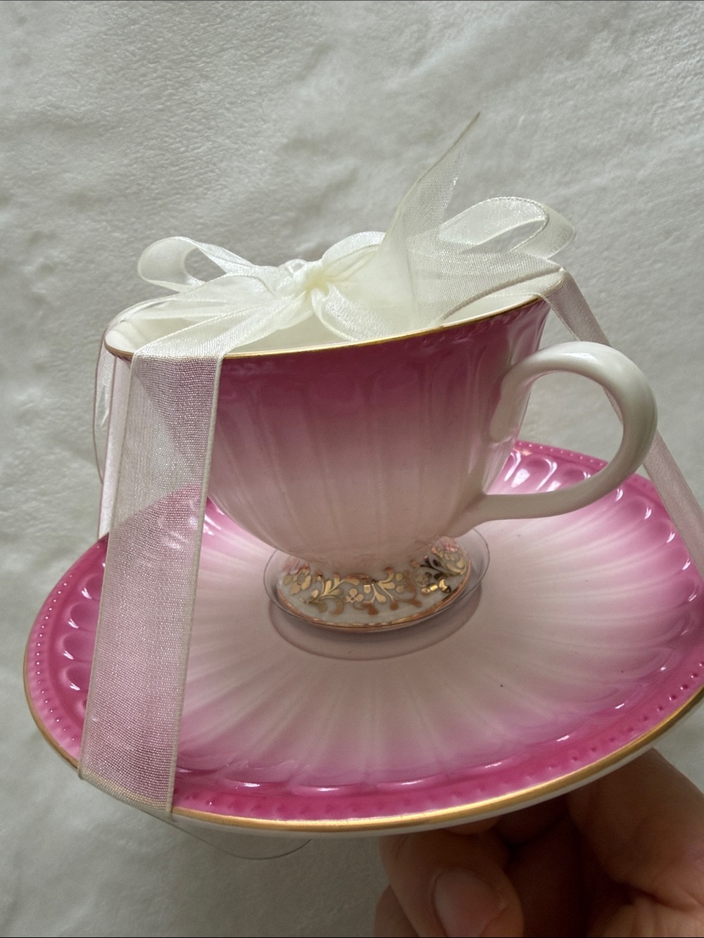 Elegant Pink Ombre Porcelain Teacup and Saucer Set with Gold Trim